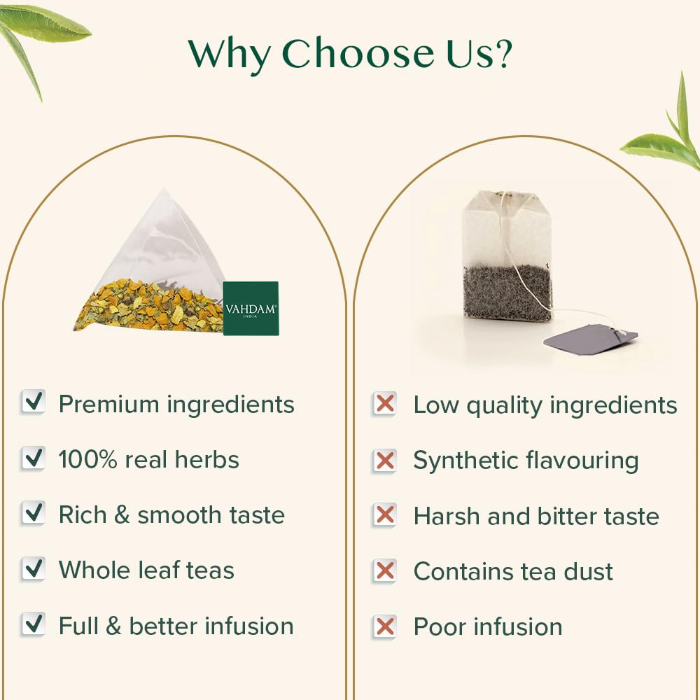 VAHDAM, Turmeric Moringa Tea Bags (100 Herbal Tea Bags) Caffeine Free, Non GMO | 100% Pure Herbal Blend - Sweet & Earthy | Resealable Ziplock Pouch