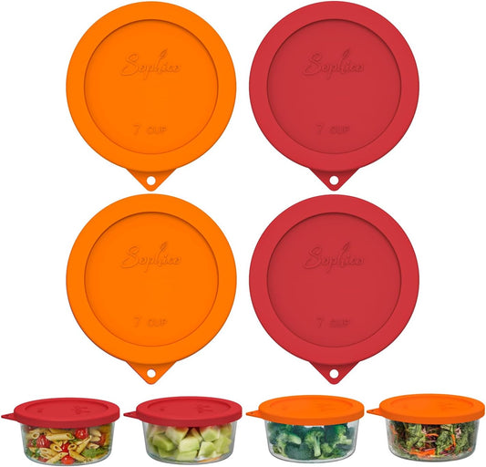Sophico Sophico Round Silicone Storage Cover Lids Replacement for Anchor Hocking and Pyrex 7402-PC 6/7 Cup Glass Bowls (Container not Included) (Red-Orange, 4 pack)
