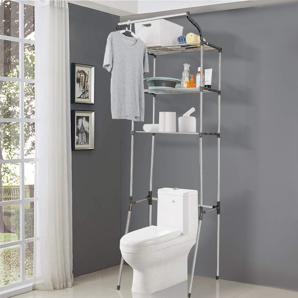 BAOYOUNI 3-Tier Over The Laundry Shelf Above Toilet Washing Machine Dryer Storage Utility Rack Clothes Hanger Rod Standing Bathroom Organization Space Saving Shelving Units, Grey