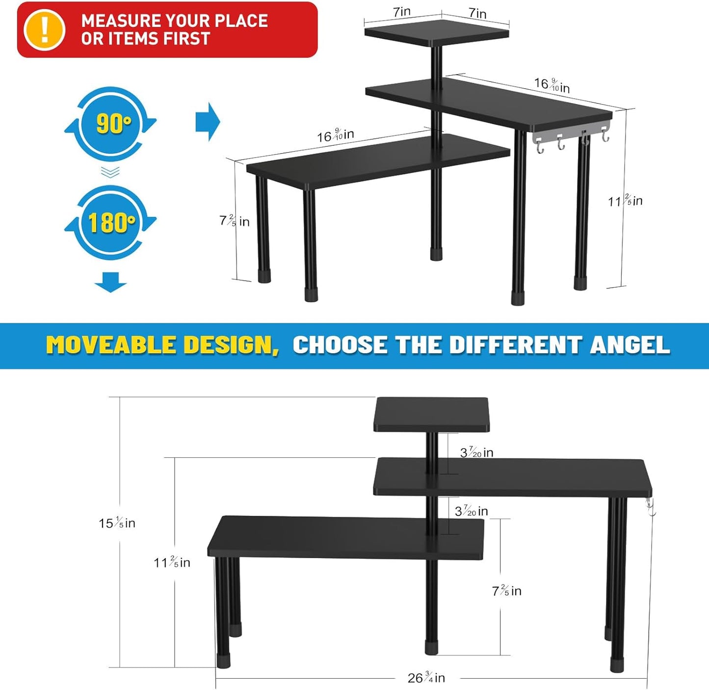 JayRex Countertop Corner Shelf, 3 Tier Shelf Moveable Organizer for Bathroom Counter, Make Up, Dresser Table, Desktop Shelf (Black)