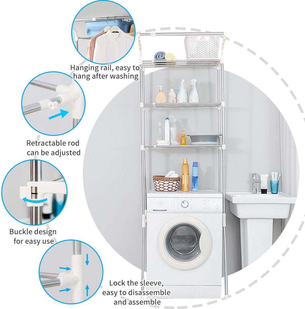 BAOYOUNI Adjustable Laundry Shelf Over Toilet Washing Machine Storage Rack Above Washer Dryer Standing Bathroom Organizer 3-Tier Space Saving Shelving Units, Ivory