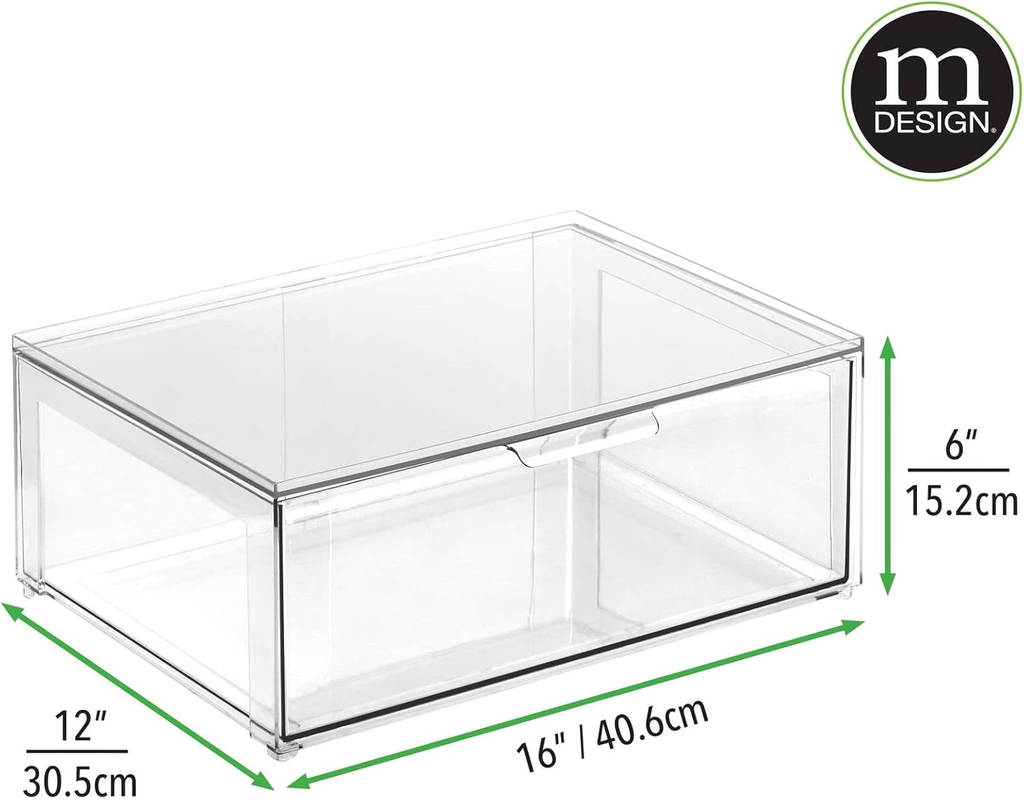 mDesign Plastic Stackable Closet Storage Organizer Bin Containers with Front Pull Drawer for Cabinet, Desk, Shelf, Cupboard, or Dresser Organization - Lumiere Collection - Set of 3 - Clear