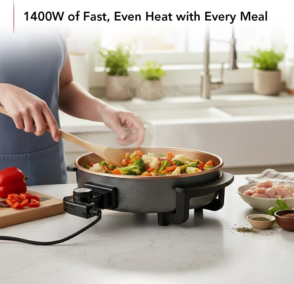 OVENTE 12 Inch Electric Skillet and Frying Pan with Nonstick Coating, 1400W Power, Adjustable Temperature Control, Tempered Glass Lid with Vent and Cool Touch Handles, Copper SK11112CO