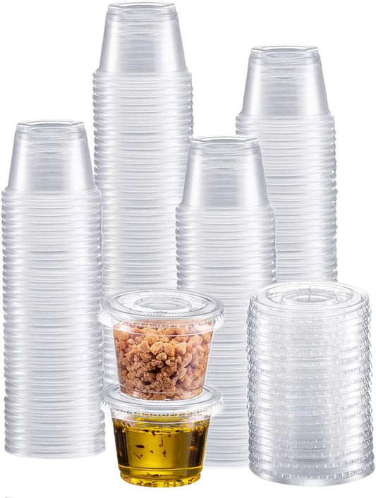 Portion Cups with Lids (1 Ounces, 200 Pack) | Disposable Plastic Cups for Meal Prep, Portion Control, Salad Dressing, Jello Shots, Slime & Medicine | Premium Small Plastic Condiment Container