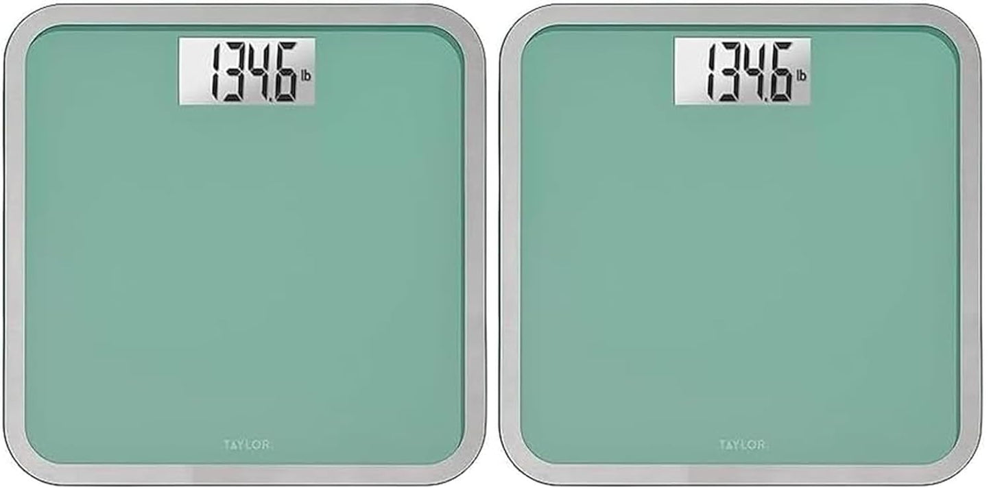 Taylor Digital Glass Bathroom Scale for Body Weight, Large Durable Platform, Extra High 500 lb Capacity, Large 3.5"x1.7" White Backlit Display, Sea Foam Green (Pack of 2)