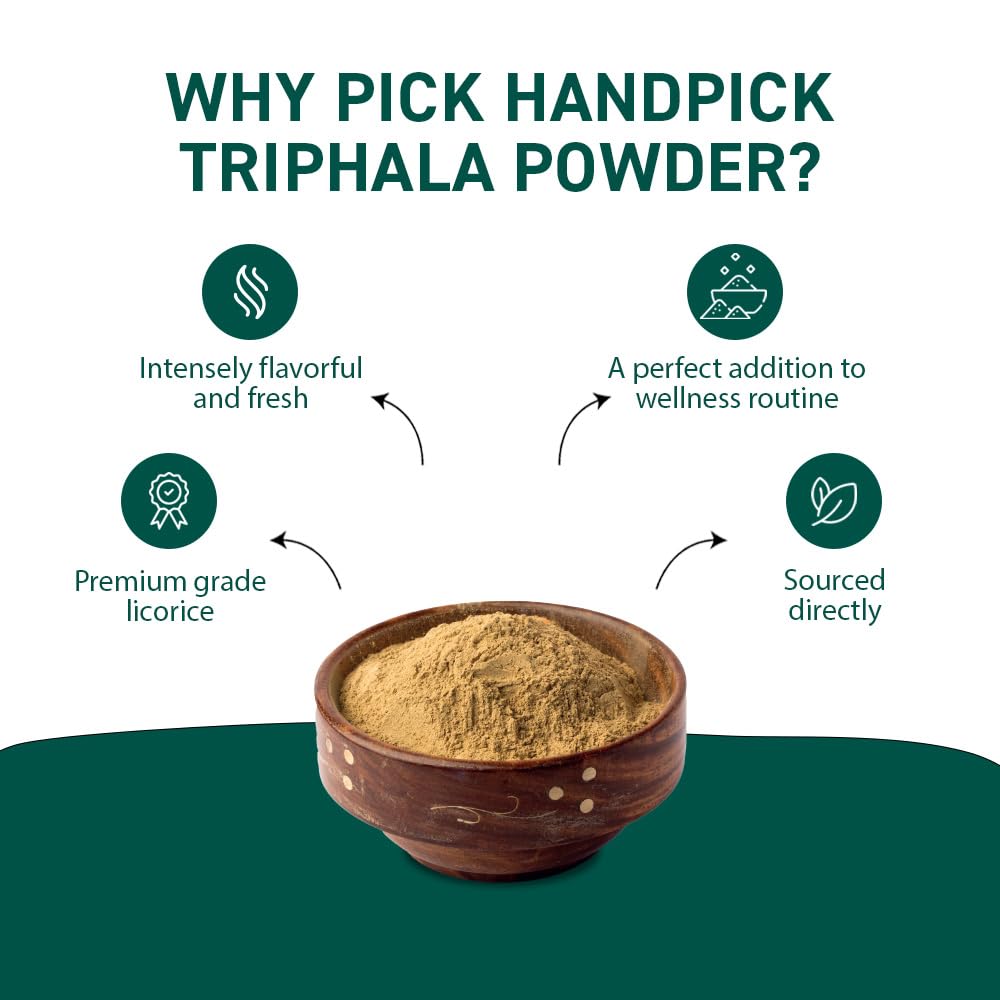 HANDPICK Triphala Powder (397g/14oz) Non GMO, Gluten Free, 100% Raw, Sourced from India, Herbal Formula of Amla, Haritaki, Bibhitaki, Packed in Resealable Zip Lock Pouch