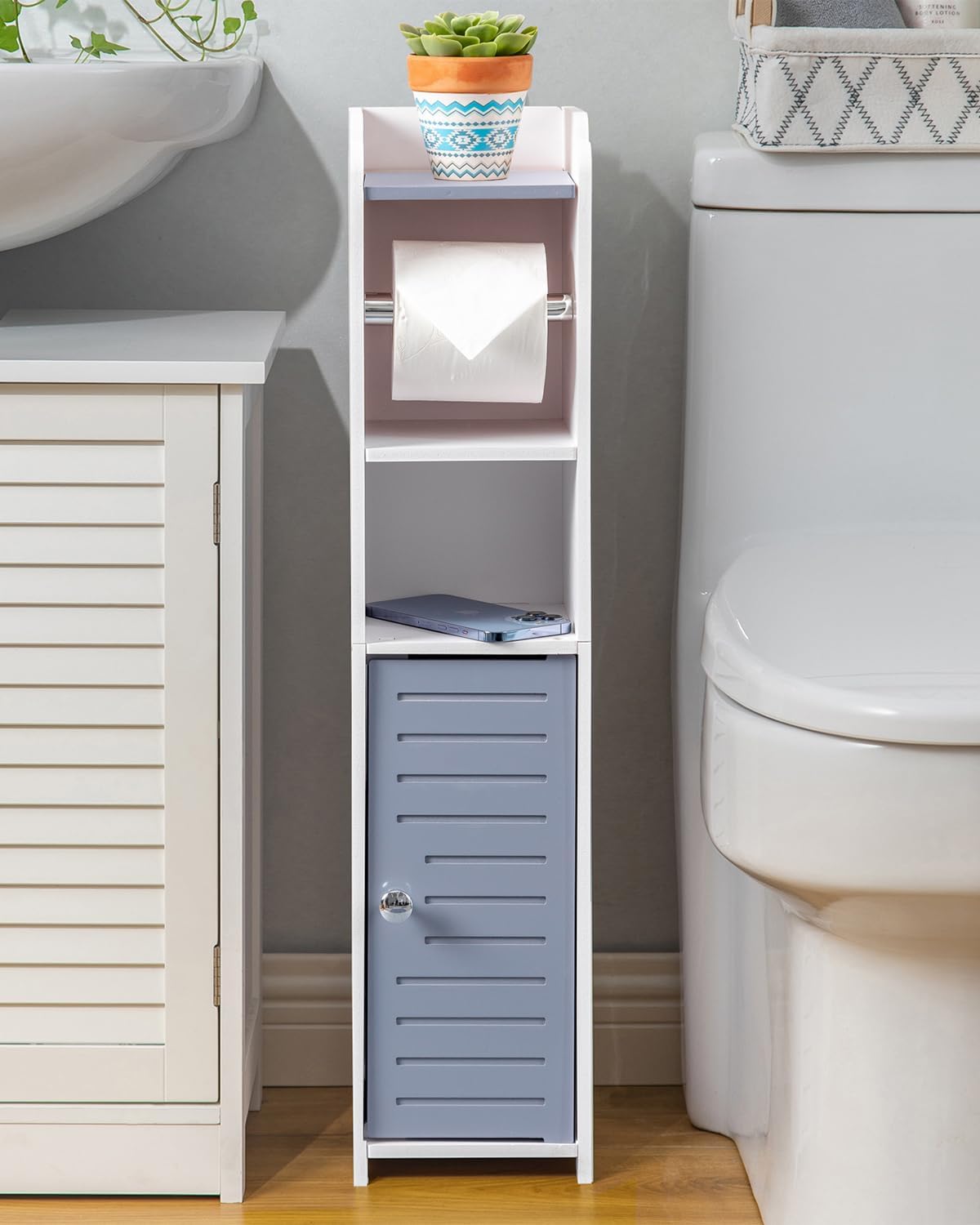 AOJEZOR Toilet Paper Holder Stand: Small Bathroom Storage Cabinet - Light Grey - White