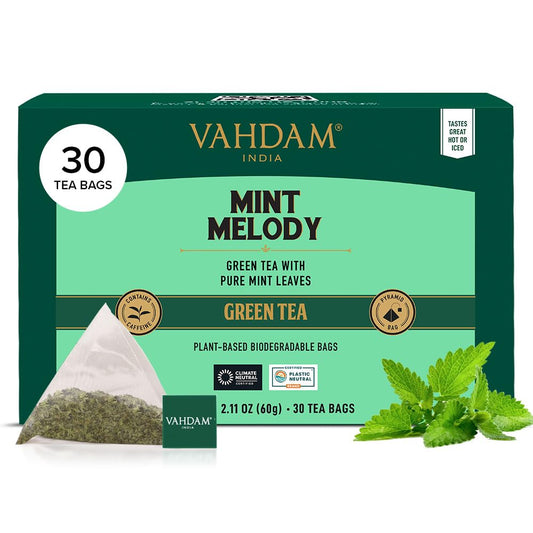 VAHDAM, Mint Green Tea Bags (30 Count) 100% Pure Leaf Tea, High Grown, Low Caffeine, Non GMO, Gluten Free | Individually Wrapped Plant-Based Pyramid Tea Bags | Direct from Source
