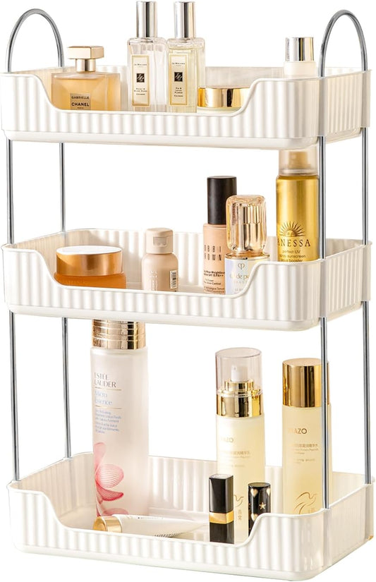 Bathroom Counter Cosmetic Organizer, 3 Tier-Cream White, Alloy Steel & PET Plastic, Rectangular, Tiered, Perfect for Toiletries & Cosmetics