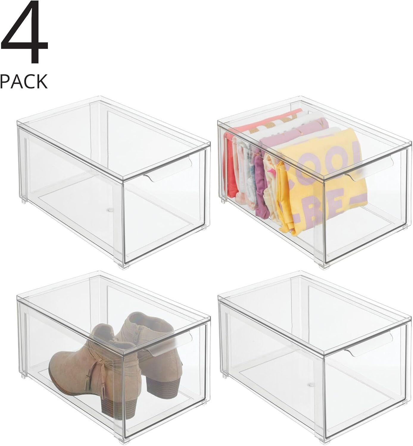 mDesign Plastic Stackable Closet Storage Organizer Bins with Pull Out Drawer for Cabinet, Desk, Shelf, Cupboard, or Dresser Organization - Lumiere Collection - 4 Pack - Clear