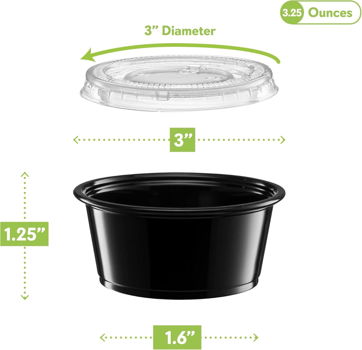 {3.25 oz - 100 Sets} Black Diposable Plastic Portion Cups With Lids, Small Mini Containers For Portion Controll, Jello Shots, Meal Prep, Sauce Cups, Slime, Condiments, Medicine, Dressings, Crafts,