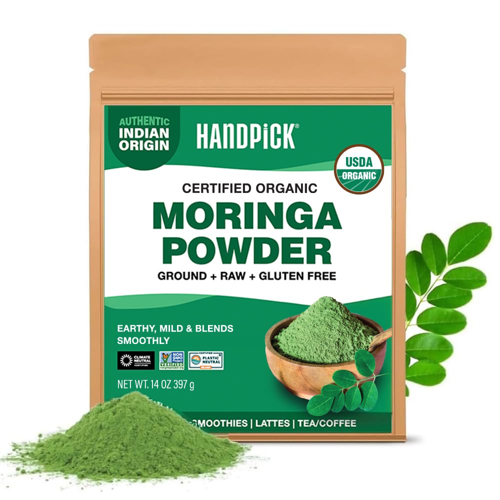 HANDPICK USDA Organic Moringa Powder (397g/14oz) Pure Moringa Oleifera Leaf Powder | Authentic Indian Origin | Gluten Free, Non-GMO | Perfect for Smoothies, Drinks, Tea & Recipes