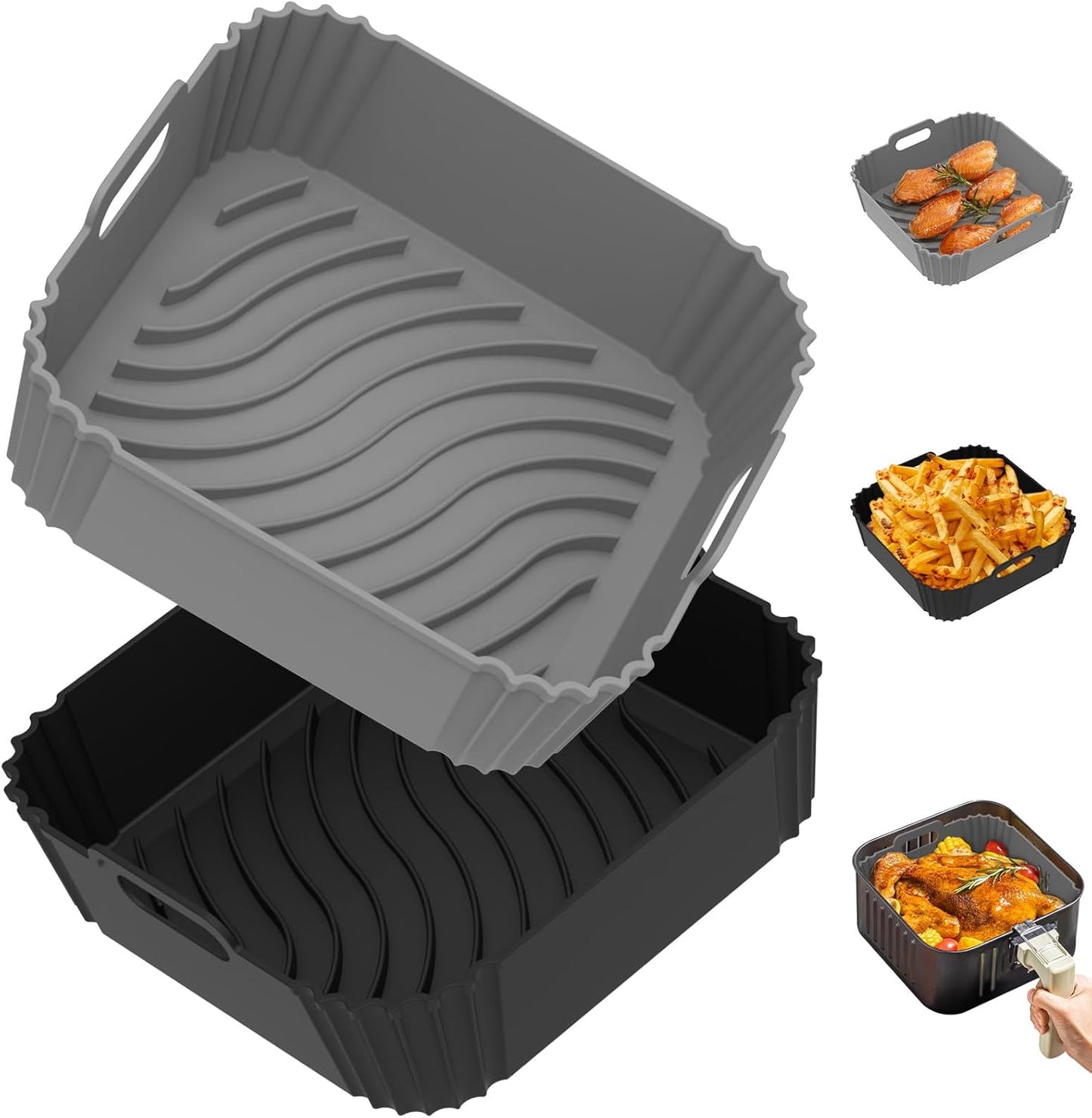 Redfly 2 Pack Silicone Air Fryer Liners, Square Reusable Non-Stick Basket Inserts for 6-8 QT Air Fryers, Dishwasher Safe Parchment Paper Replacement Accessories Gray & Black