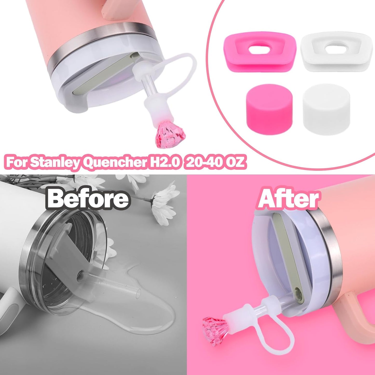 Mity rain Set for Stanley Cup Accessories, Including 2Pcs Diamond Straw Topper, 4 Pcs Silicone Spill Proof Stopper, 2Pcs Protective Glitter Silicone Boot,Set for Stanley Cup 40/30 OZ(Pink+purple)