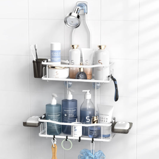 Hanging Shower Caddy Bathroom Organizer: Rustproof Shower Shelf Racks Over Shower Head - No Drilling Inside Bath Shower Rack Shelves Over Showerhead for Shampoo with Soap Holder White