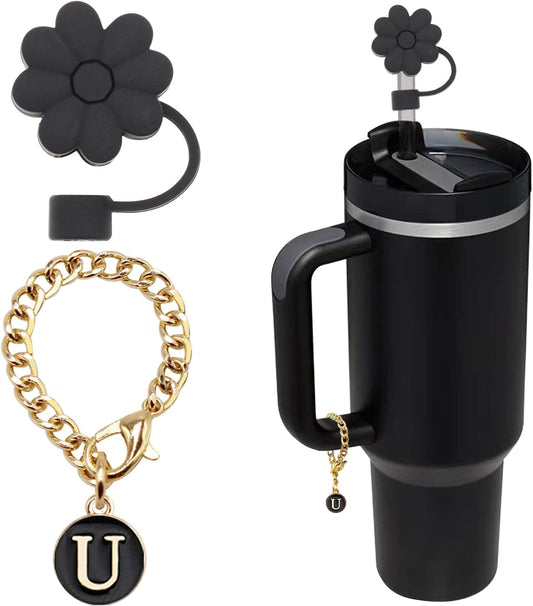 Stanley Cup Accessories, 1pc Flower Stanley Straw Cover Silicone Straw Topper for Stanley 30&40 oz Tumbler with Handle and 1pc Initial Letter Charm for Stanley Cup (Letter U)