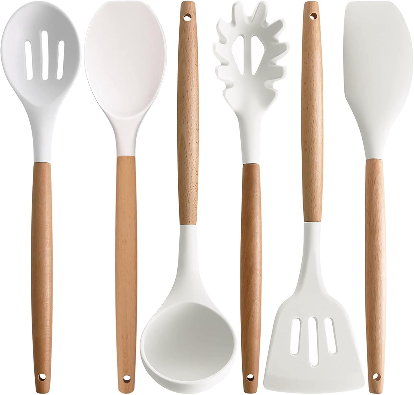 Kitchen Cooking Utensils Set 6Pcs Non-Stick Silicone Kitchen Utensils Spatula Spoon Turner Ladle Pasta Server, Heat Resistant Wooden Handle Silicone Cooking Gadgets Sets for Cookware & Baking