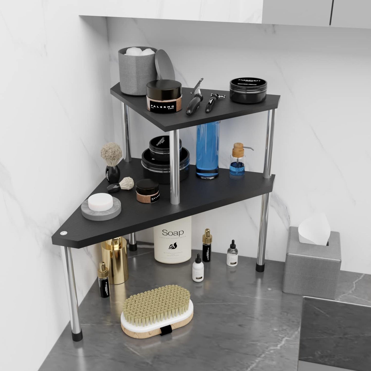 Weenson Bathroom Counter Organizer Over Sink for Toiletries, Makeup, Kitchen Countertop Organizer Spice Rack for Salt, 2-Tier Corner Counter Shelf for Coffee Area Storage Dresser Table(Black)