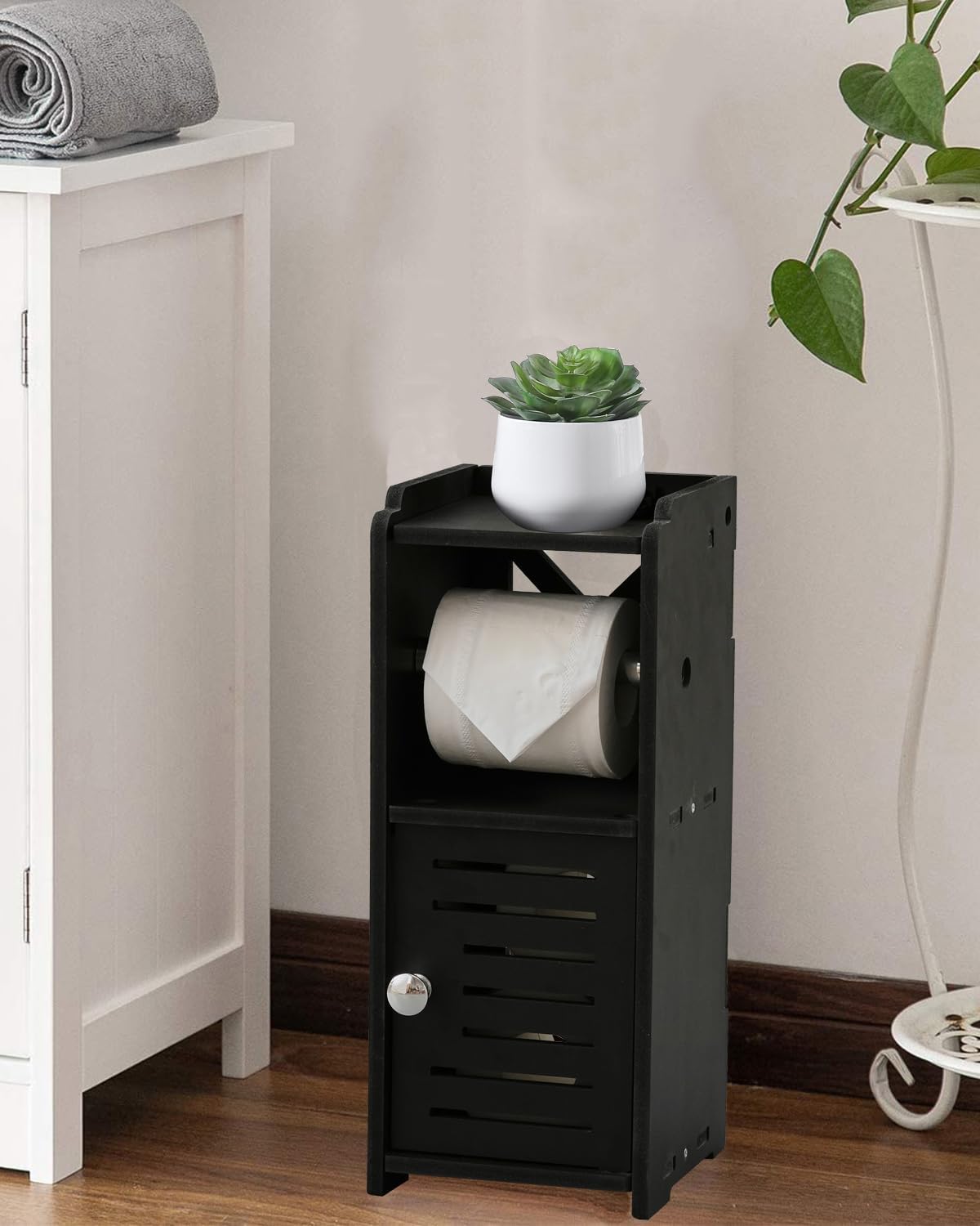 AOJEZOR Toilet Paper Holder Stand: PVC Freestanding Bathroom Cabinet Storage for Apartment Dwellers - Slim Bathroom Storage - Black