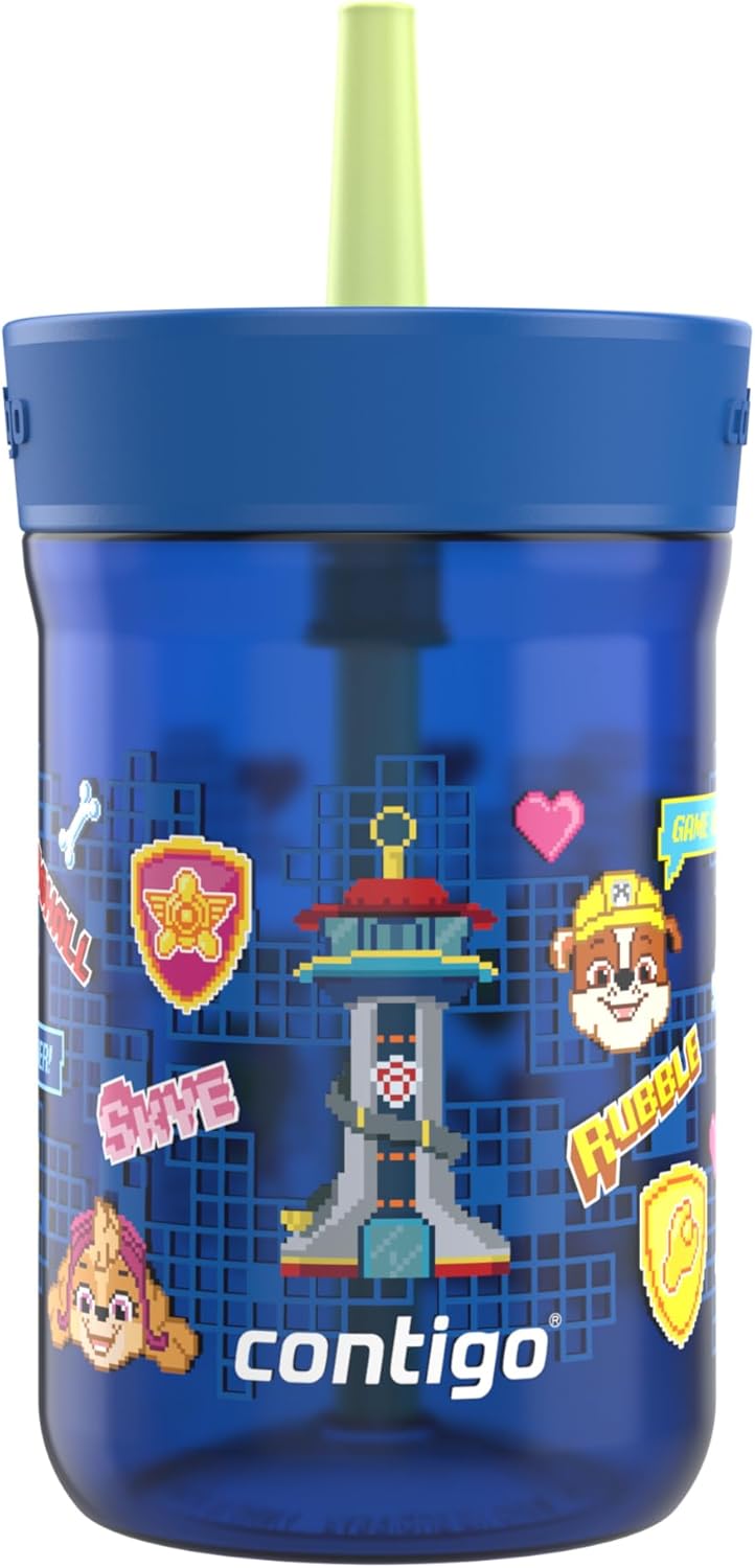 Contigo Leighton Kids Paw Patrol Plastic Water Bottle, Spill-Proof Tumblers with Straw, Dishwasher Safe, 14oz, Power Pups, Blue