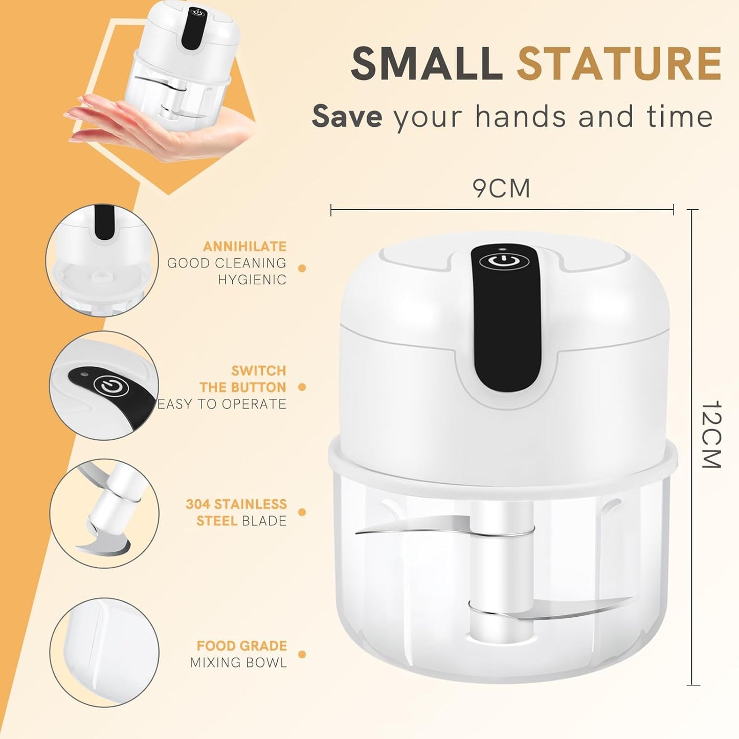 EASYSPEED Electric Garlic Chopper 1Cup, Mini USB Charging Wireless Food Processor with 304 Stainless Steel, 2 Sharp Blades, Portable Kitchen Meat Grinder for Onion, Garlic, Ginger, Chili