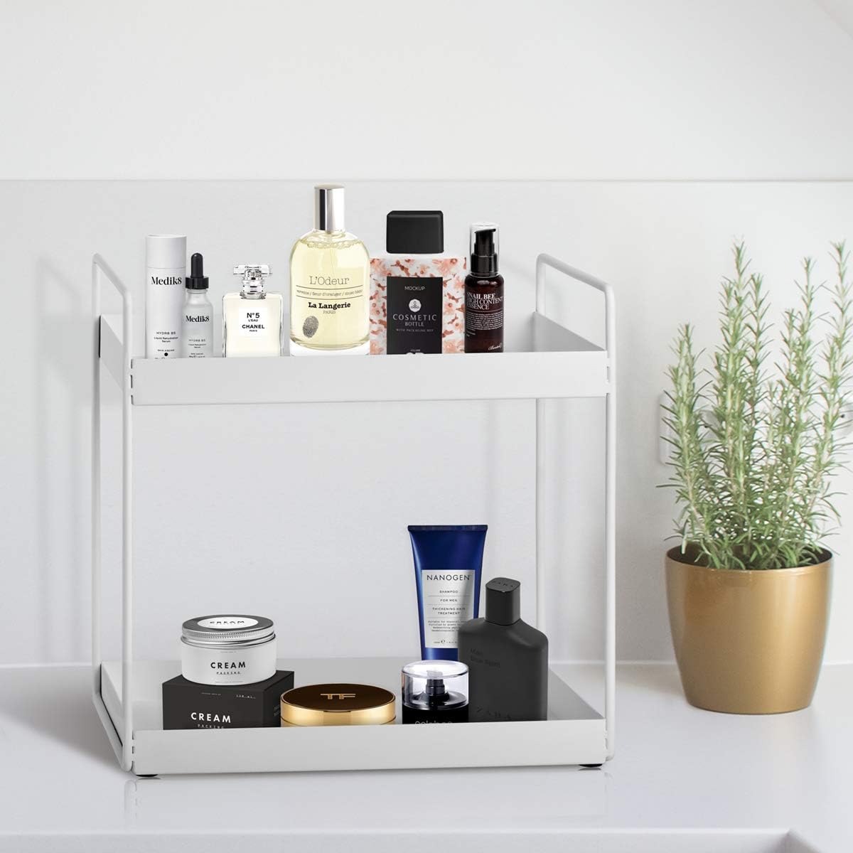 2-Tier Bathroom Countertop Organizer Vanity Tray Cosmetic & Makeup Storage Kitchen Spice Rack Standing Shelf, White