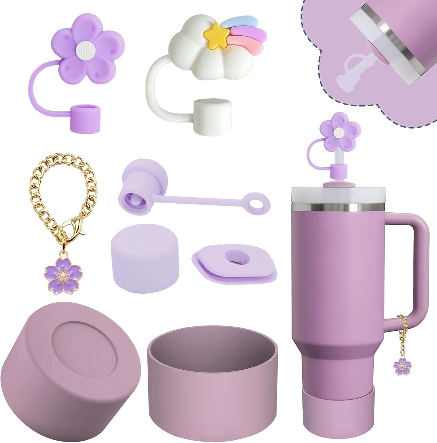Stanley Cup Accessories Set,Including 2 Pcs 0.4in Straw Cover, 1 Silicone Spill-Proof Stopper Set of 3, 1 Cute Purple Flower Handle Charm, 1 Silicone Boot Fits Stanley 40&30 Oz Tumbler (Lilac)