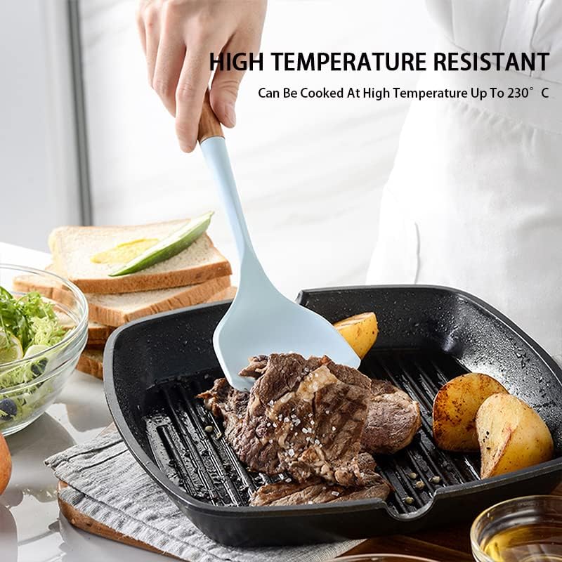 Kitchen Cooking Utensils Set, 13 Piece Wooden Handle Silicone Cookware Set with Stand,Nonstick Heat Resistant Silicone Tool Set - Morandi Blue（ BPA Free）