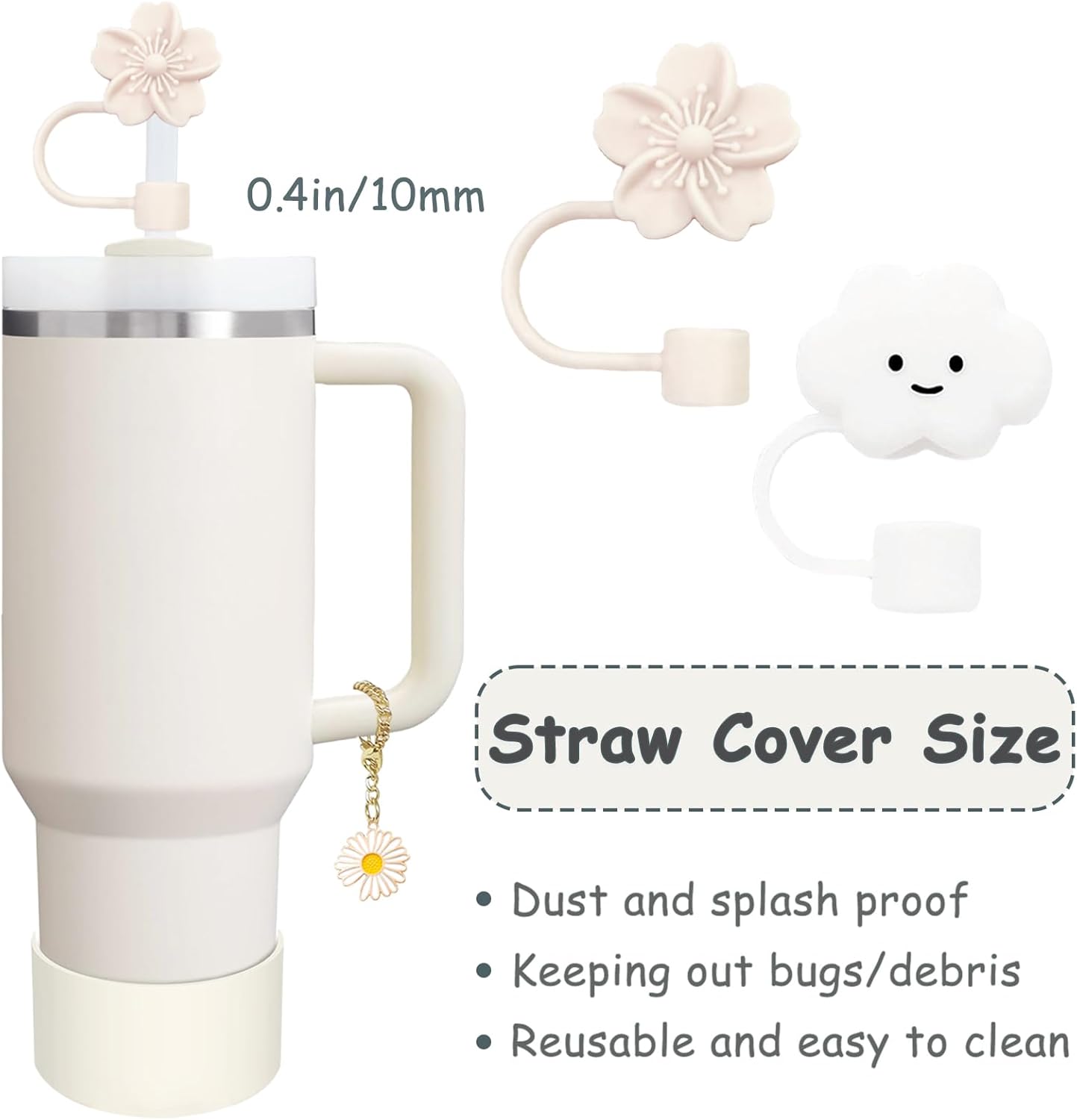 Stanley Cup Accessories Set,Including 2 Pcs 0.4in Straw Cover, 1 Silicone Spill-Proof Stopper Set of 3, 1 Cute Flower Handle Charm, 1 Silicone Boot Fits Stanley 40&30 Oz Tumbler (Cream)