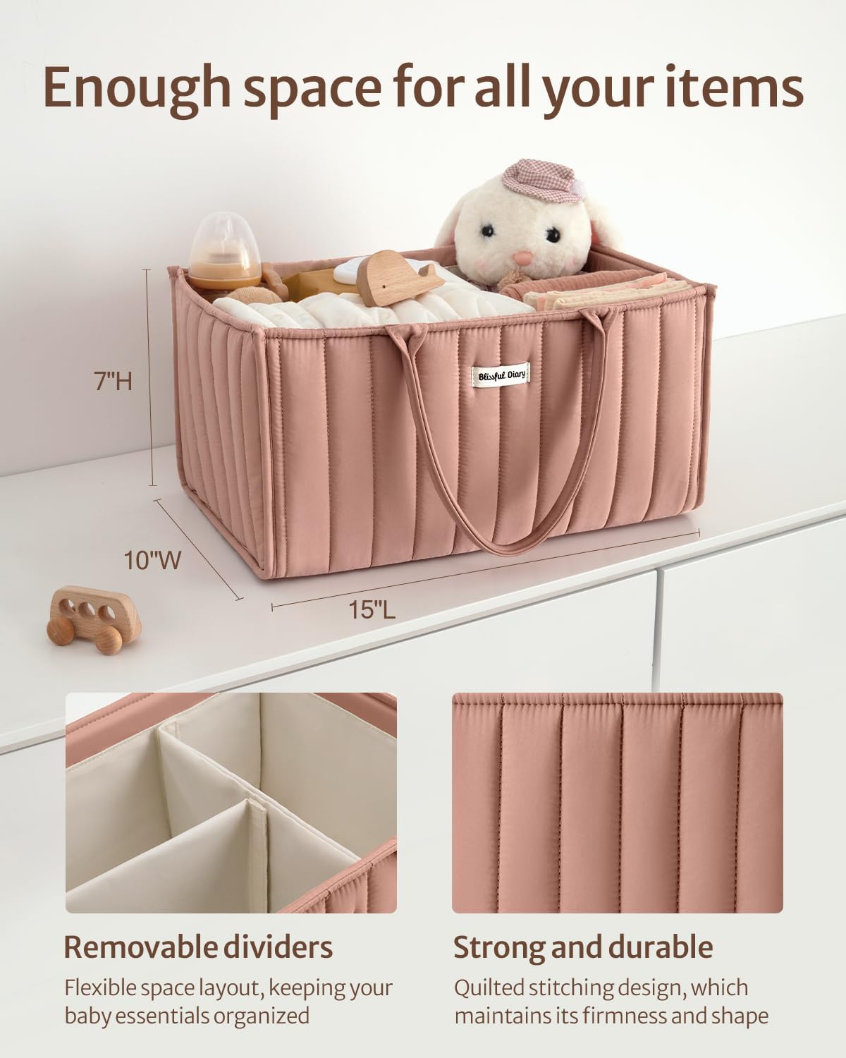Blissful Diary Baby Diaper Caddy Organizer, Stylish Storage Basket for Newborn Essentials and Diaper Station, Gift for Baby Shower and Registry Must-Have, Blush Pink