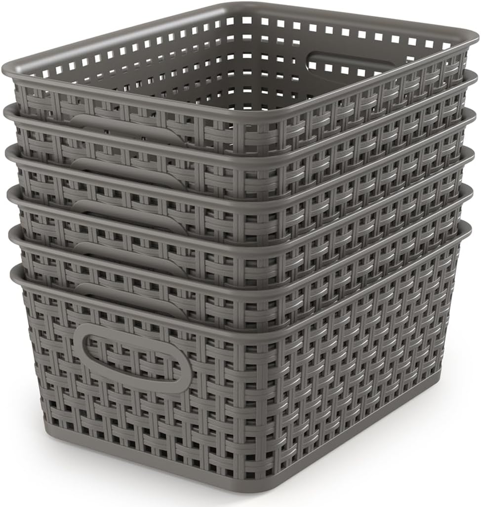 WYT Weave Storage Organizer Baskets, Grey 6-Pack Plastic Woven Baskets, 10.1" x 7.55" x 4.1"