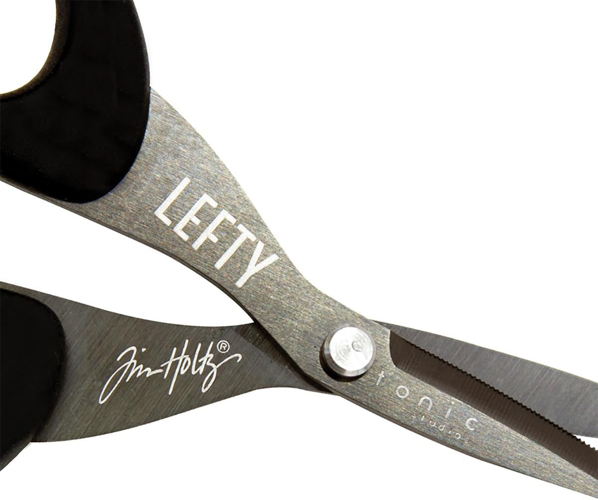 Tim Holtz Left Handed Scissors - 5 Inch Mini Snips with Micro Serrated Blade - Lefty Craft Tool for Cutting Paper, Fabric, and Sewing - Titanium with Black Comfort Grip Handles