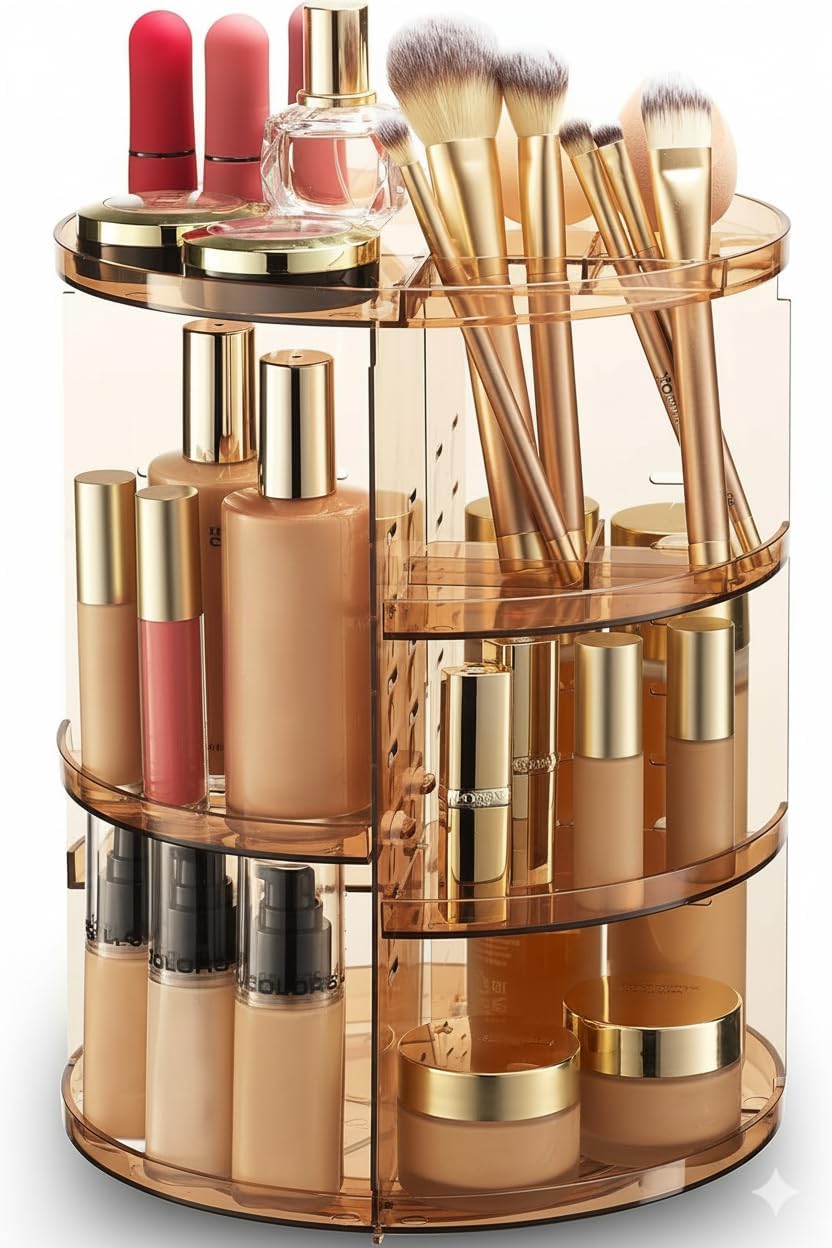 Masirs 360 Rotating Makeup Organizer - Adjustable Shelf Height and Fully Rotatable - The Perfect Round Spinning Cosmetic Organizer for Bedroom Dresser or Vanity Countertop Storage (Brown)