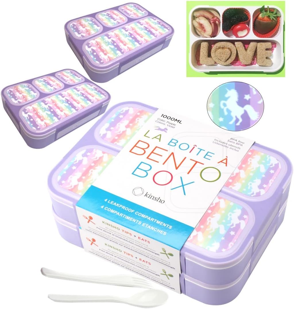 kinsho Bento-Box Lunch-Boxes for Kids, Girls, Lunch and Snack Containers for Toddler Daycare, School, Travel BPA-Free, 4 Divided Compartments Utensils (Purple Rainbow Unicorn, 2 Pack)