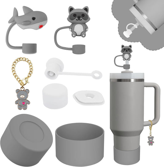 Stanley Cup Accessories Set,Including 2 Pcs 0.4in Straw Cover, 1 Silicone Spill-Proof Stopper, 1 Cute Handle Charm, 1 Silicone Boot Fits Stanley 40&30 Oz Tumbler (Grey)
