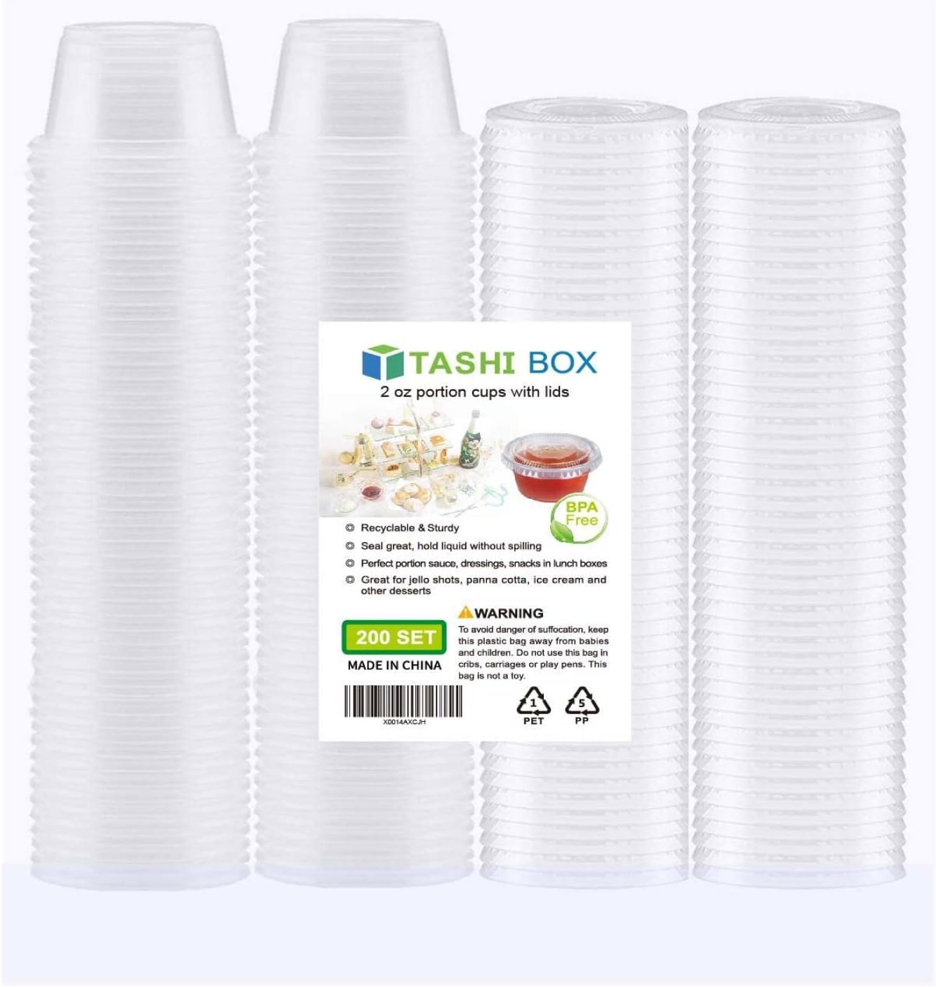 TashiBox 200 Sets - 2 Ounce Disposable Plastic Jello Shot Cups with Lids, Souffle Portion Container…