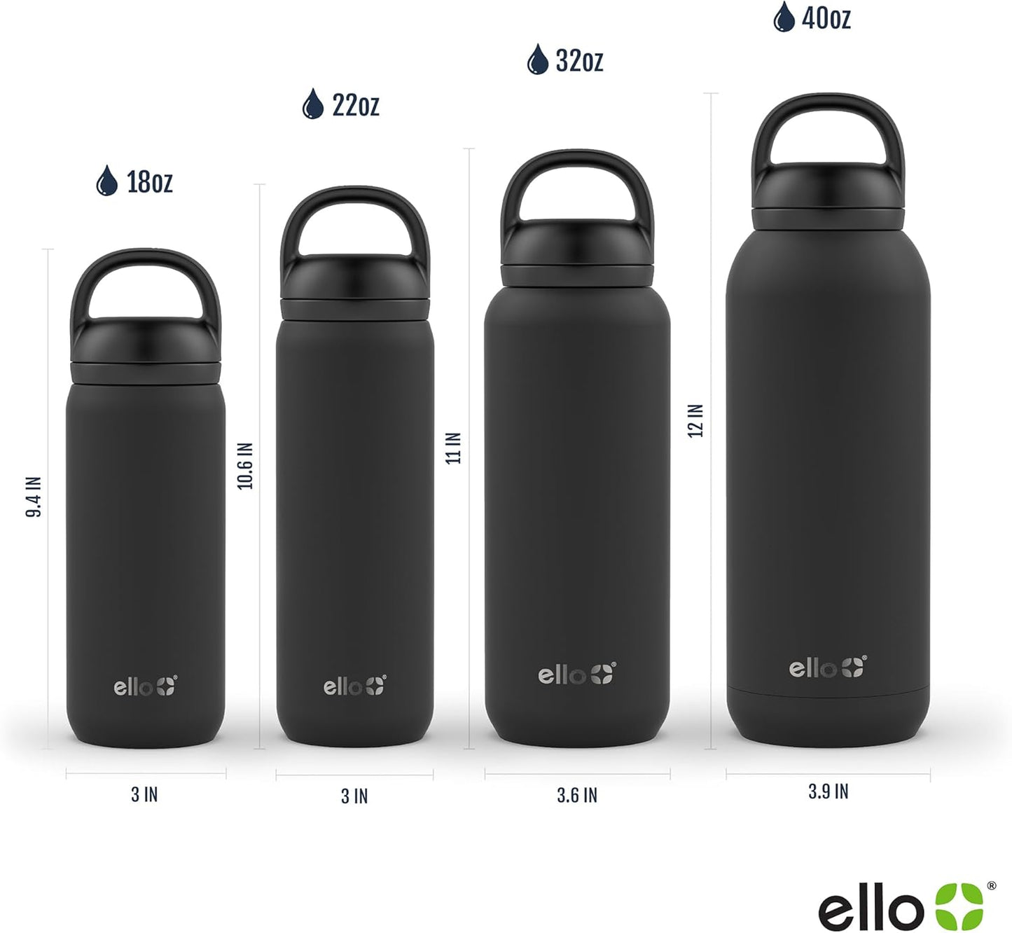 Ello Cooper Twist 18oz Kids Stainless Steel Water Bottle with Chug Lid | Leak Proof Double Walled and Vacuum Insulated | Fits Car Cupholder | Built in Carry Loop | Dishwasher Safe | Black