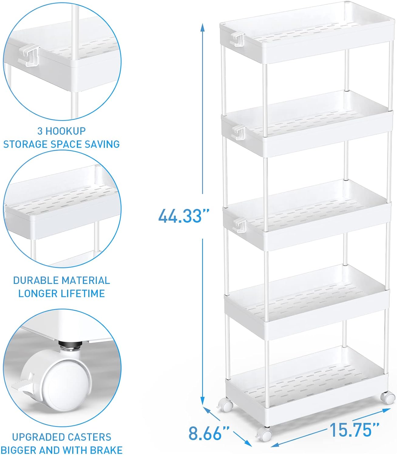 SPACEKEEPER 5-Tier Storage Cart Organizer Rolling Utility Cart, Mobile Shelving Unit Slide Out Storage Shelves for Kitchen Living Room Bathroom Laundry Room & Dressers, White