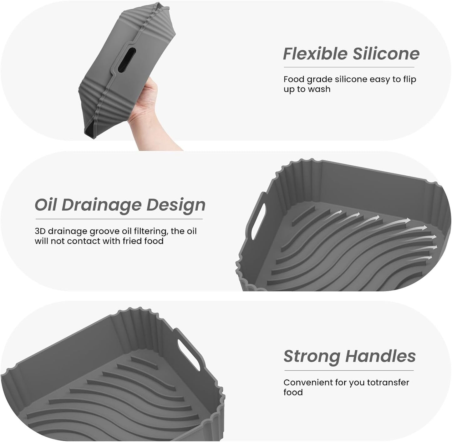 Redfly 2 Pack Silicone Air Fryer Liners, Square Reusable Non-Stick Basket Inserts for 6-8 QT Air Fryers, Dishwasher Safe Parchment Paper Replacement Accessories Gray & Black