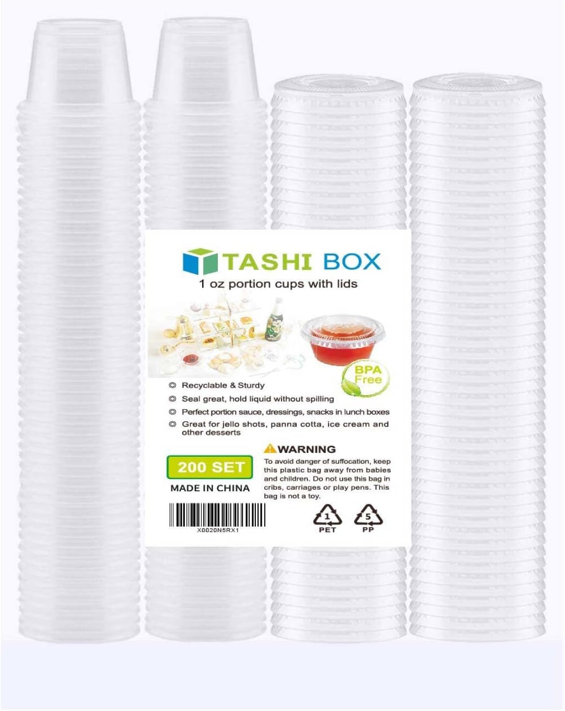 TashiBox 200 Sets - 1 Ounce Jello Shot Cups with Lids, Plastic Souffle Portion Cups with Lids, Clear