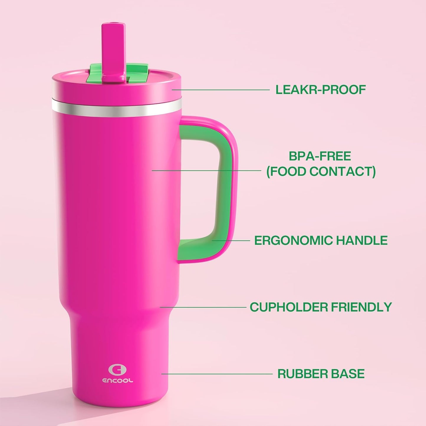 40 oz Tumbler with Handle and Straw: Stainless Steel Insulated Tumbler Keeps Cold for 24 Hours, Leakproof Travel Cup Fits in Cup Holder and BPA-Free,Knockout Pink