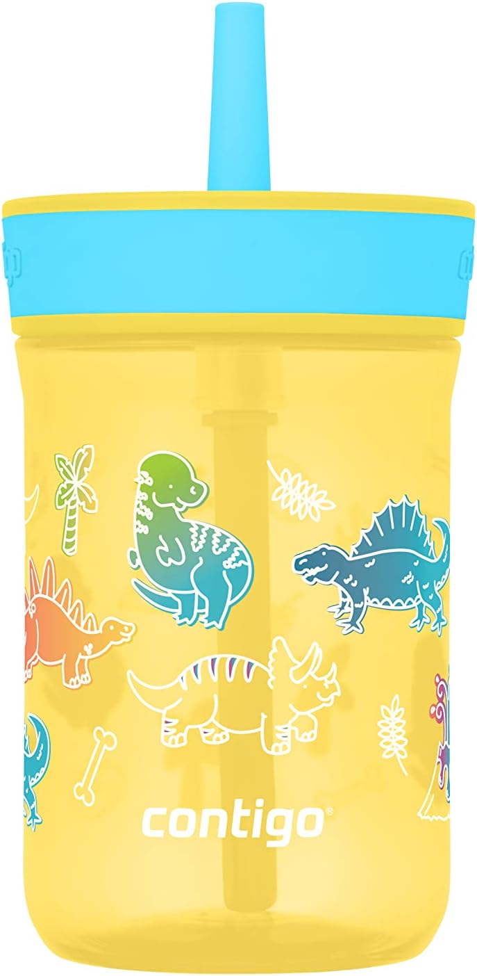 Contigo Leighton Kids Water Bottle, 2-Pack, 14oz, Spill-Proof, Blue Raspberry/Azalea & Butterlies/Llamas, Dishwasher Safe Tumbler with Straw