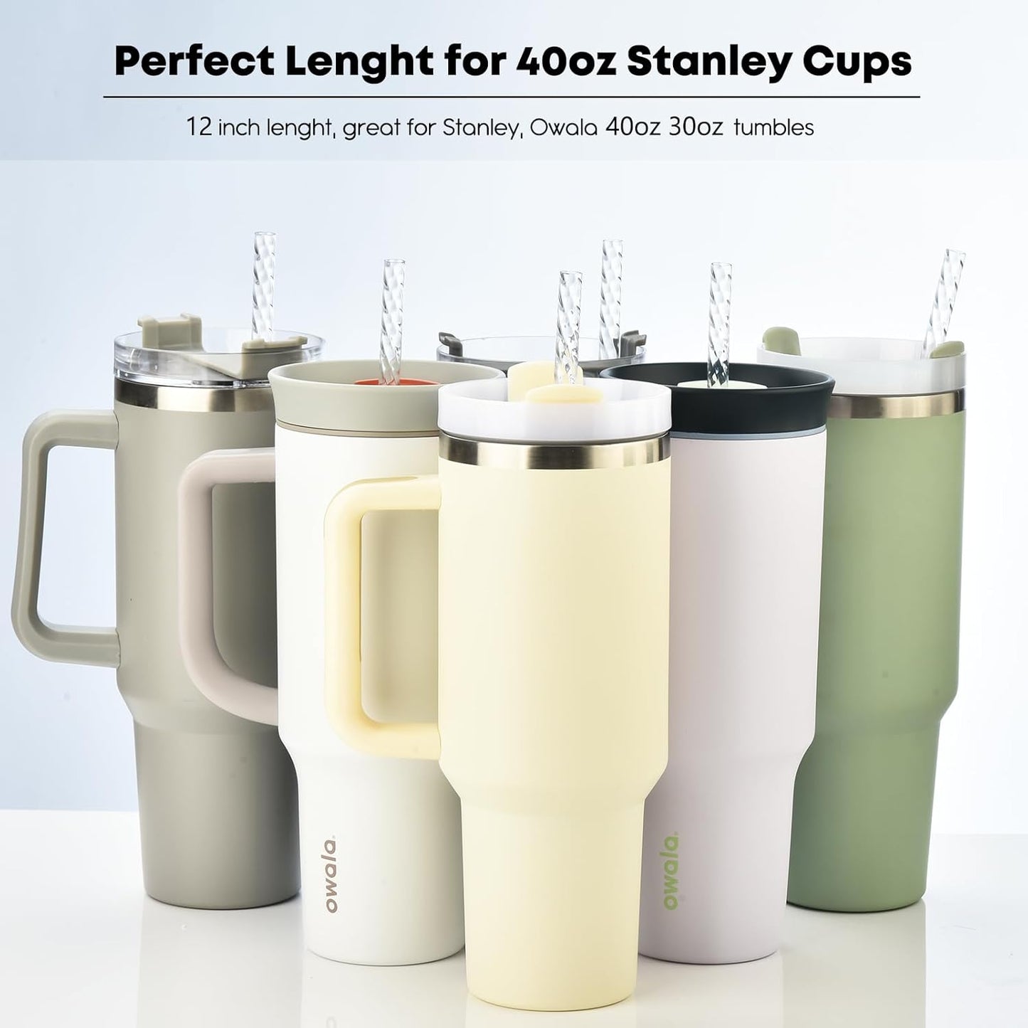 ALINK 6 Pack Replacement Clear Swirl Straws for Stanley 40 oz 30 oz Tumbler, 12 in Long Reusable Plastic Straws for Stanley, Owala Cup Accessories, Half Gallon Jug, Plus 1 Cleaning Brush