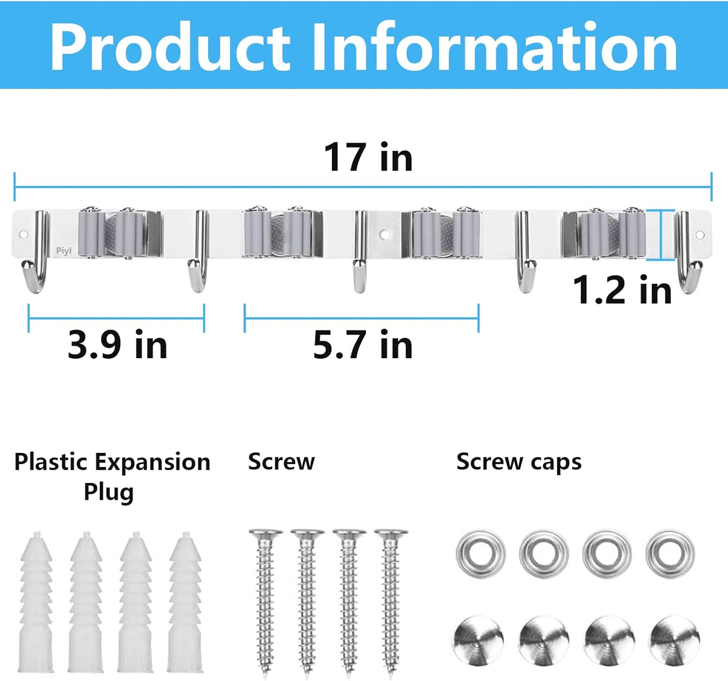 Piyl Broom Mop Holder Wall Mount Broom Hanger Wall Mounted Metal Organization Garage Storage Garden Kitchen Tool Organizer With 4 Racks and 5 Hooks (Silver, 1 Pack 4R5H)