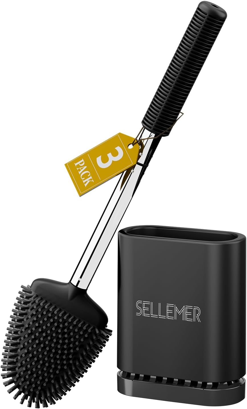 Sellemer Toilet Brush and Holder Set - Flexible Toilet Bowl Brush Head with Silicone Bristles, Compact Size for Storage and Organization, Ventilation Slots Base (3 Pack, Black)