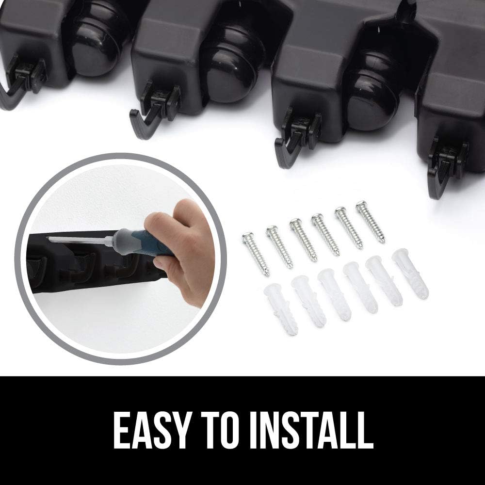 GORILLA GRIP Wall Mount Hook Fixture, Also Includes Slots to Hold Mop, Broom, Tools, Easy Install, Organize Cleaners, Tools, Home, Kitchen, Garage, 4 Hooks 3 Slots, Black