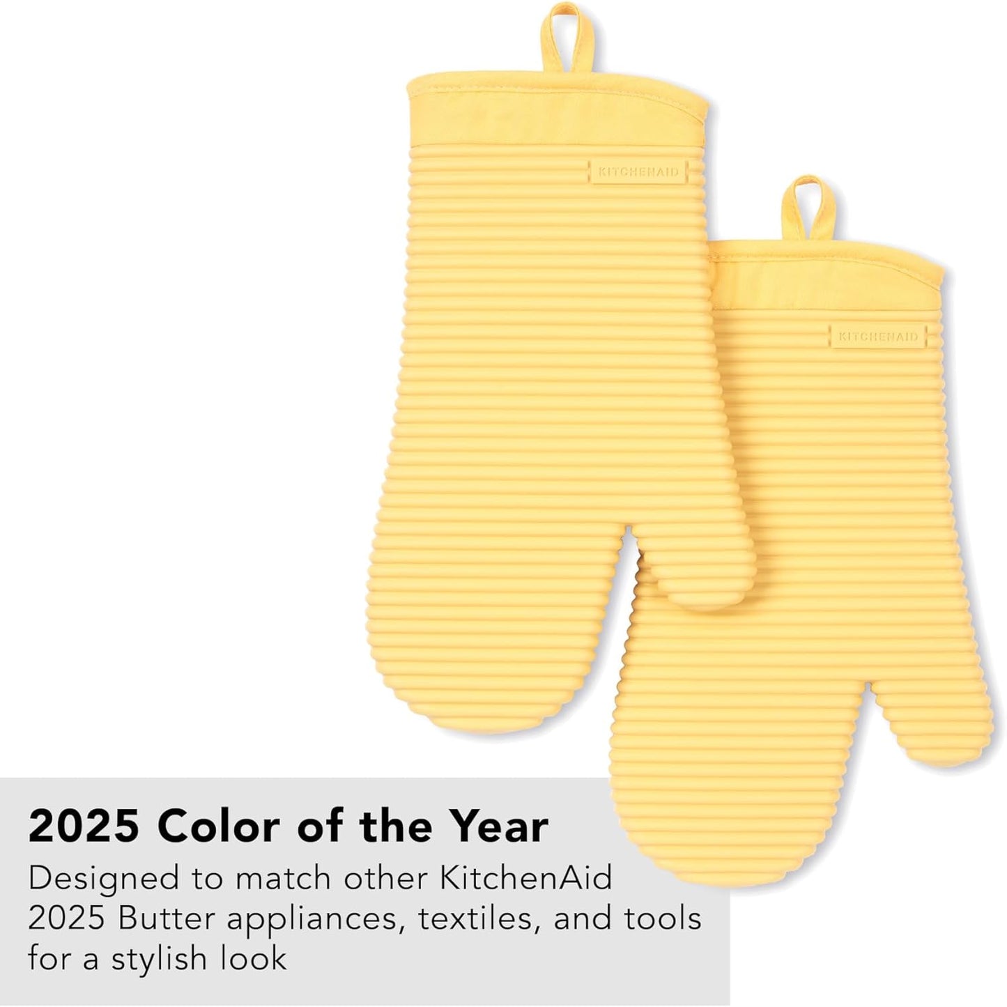 KITCHENAID Ribbed Soft Silicone Oven Mitt 2-Pack Set, 7.5"x13", Butter Yellow
