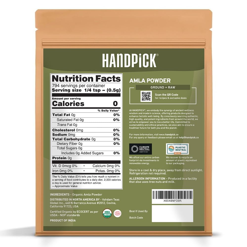 HANDPICK Organic Amla Powder (14oz) Amalaki, USDA Organic, Non-GMO | 100% Raw and Natural - Lab Tested for Purity | Indian Gooseberry Powder | Resealable Zip Lock Pouch