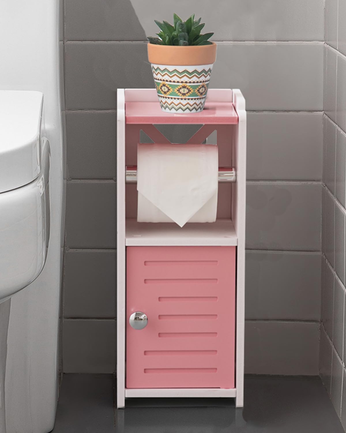 AOJEZOR Toilet Paper Holder Stand: PVC Freestanding Cabinet Storage for Small Bathroom Spaces for Homes and Renters-Jelly Pink