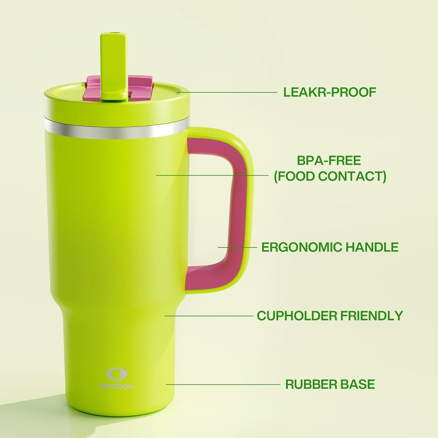 32 oz Tumbler with Handle and Straw: Stainless Steel Insulated Tumbler Keeps Cold for 24 Hours, Leakproof Travel Cup Fits in Cup Holder and BPA-Free,Acid Green